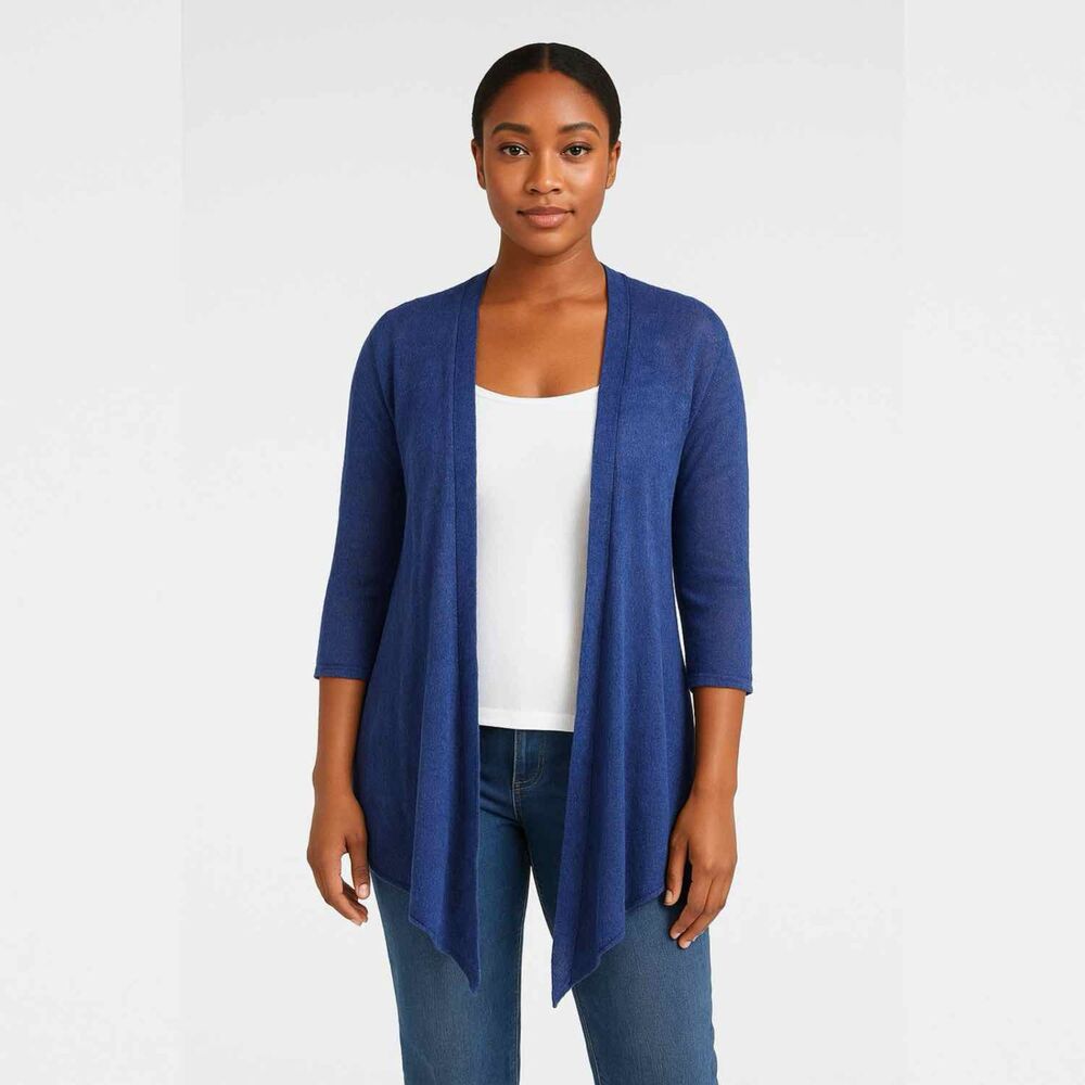 Eileen Fisher Linen Blue Purple Waterfall Open Front 3/4 Sleeve Cardigan Sweater